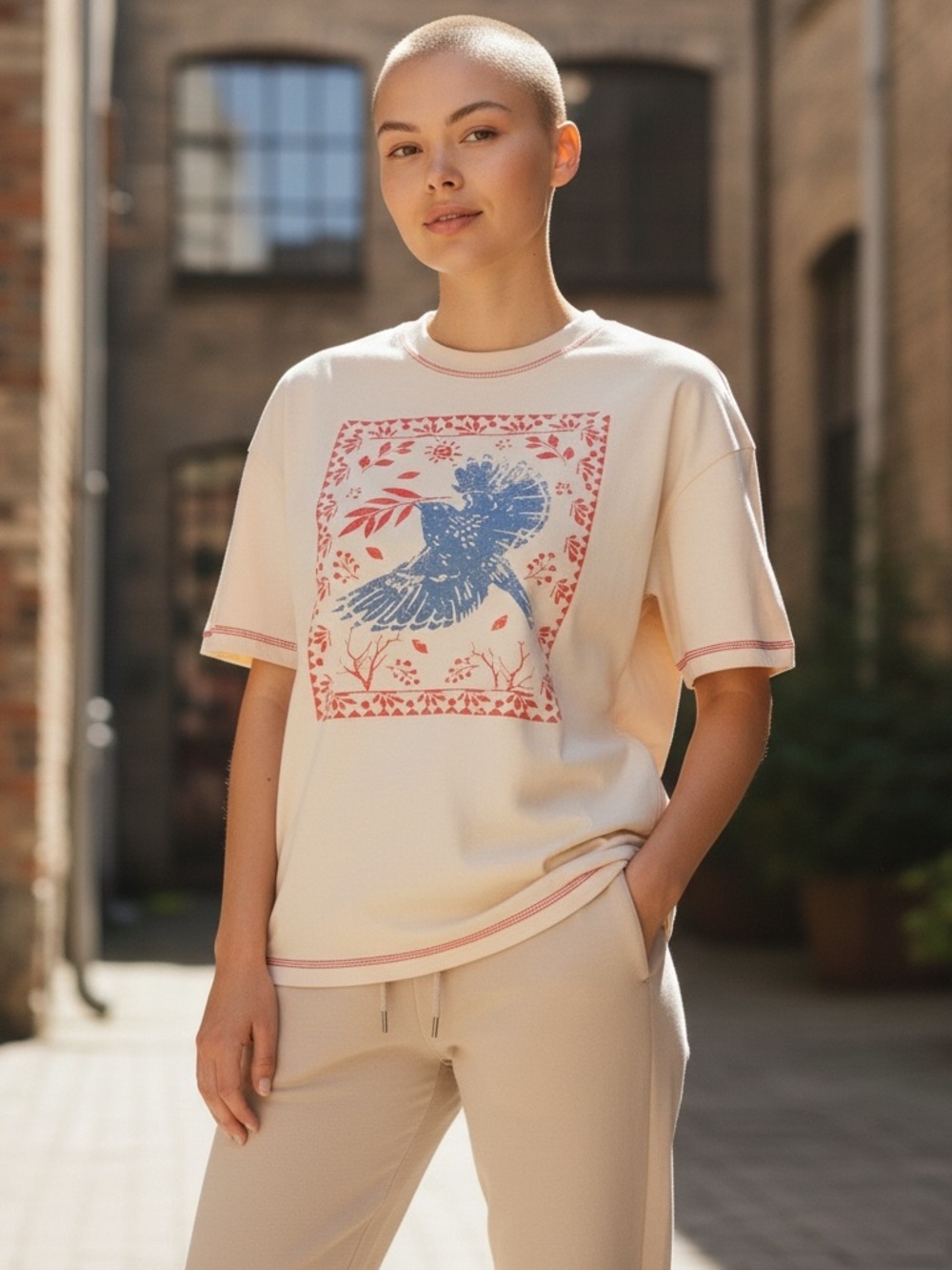 SHEIN Cream Short-Sleeve Tee with Blue Bird and Red Floral Print
